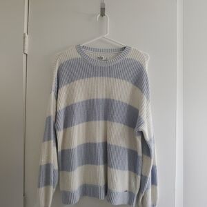 Hollister Light Blue and Cream Striped Crewneck Sweater